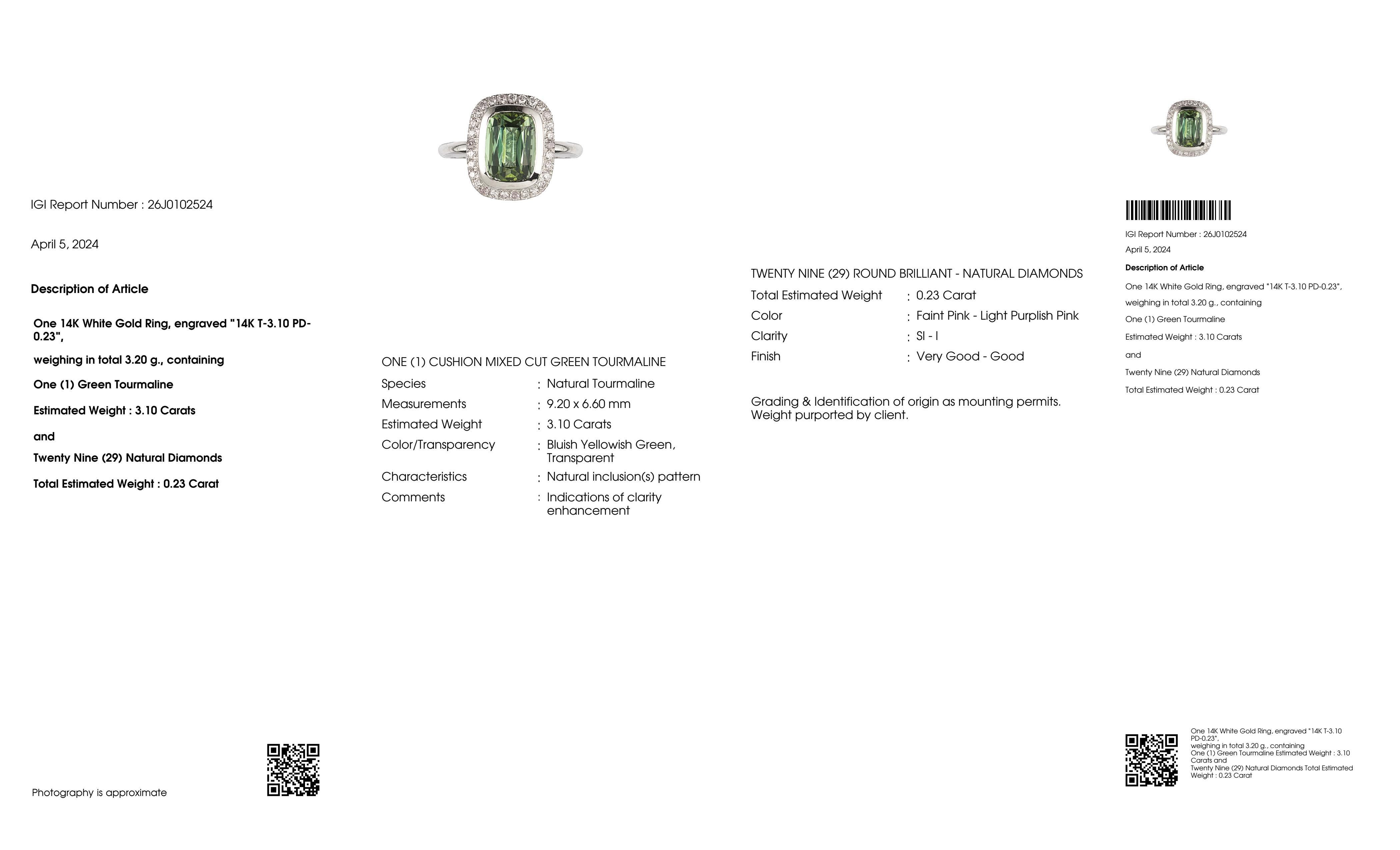 Bague de fiançailles d'antiquités IGI 14K 3,10 tourmaline naturelle et diamants roses en vente 3