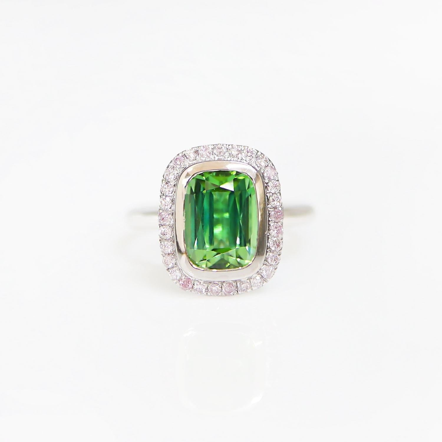 Contemporary IGI 14K 3.10 Natural Tourmaline&Pink Diamonds Antique Engagement Ring For Sale