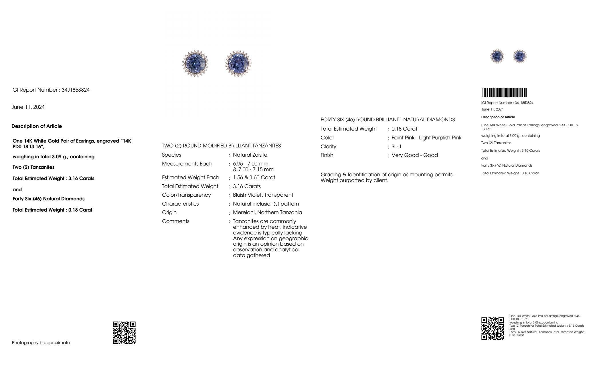 Taglio rotondo Orecchini IGI 14k con tanzanite e diamanti rosa da 3,16 carati in stile Art Deco antico in vendita
