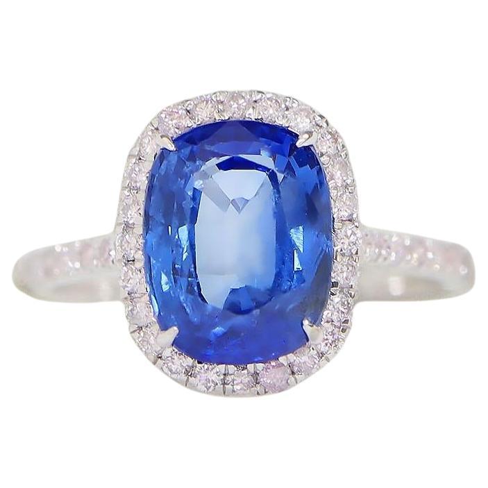IGI 14K 3.26 ct Natural Blue Sapphire&Pink Diamonds Art Deco Engagement Ring