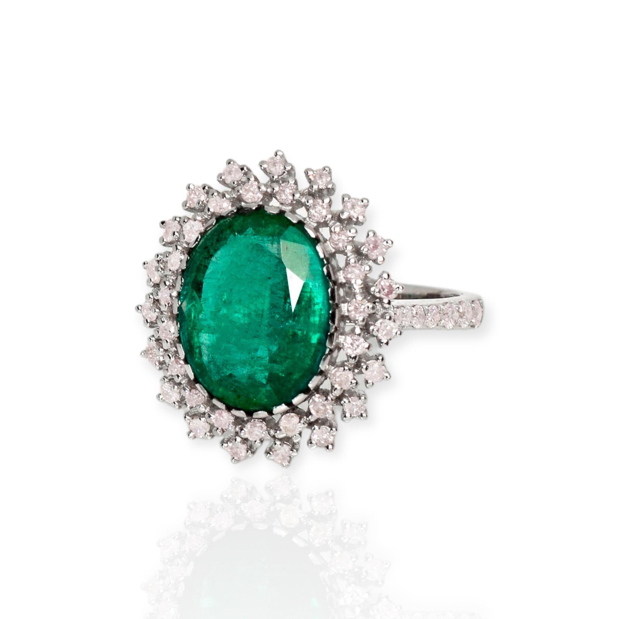 Contemporary IGI 14k 3.33 Ct Emerald&Pink Diamonds Antique Art Deco Style Engagement Ring For Sale