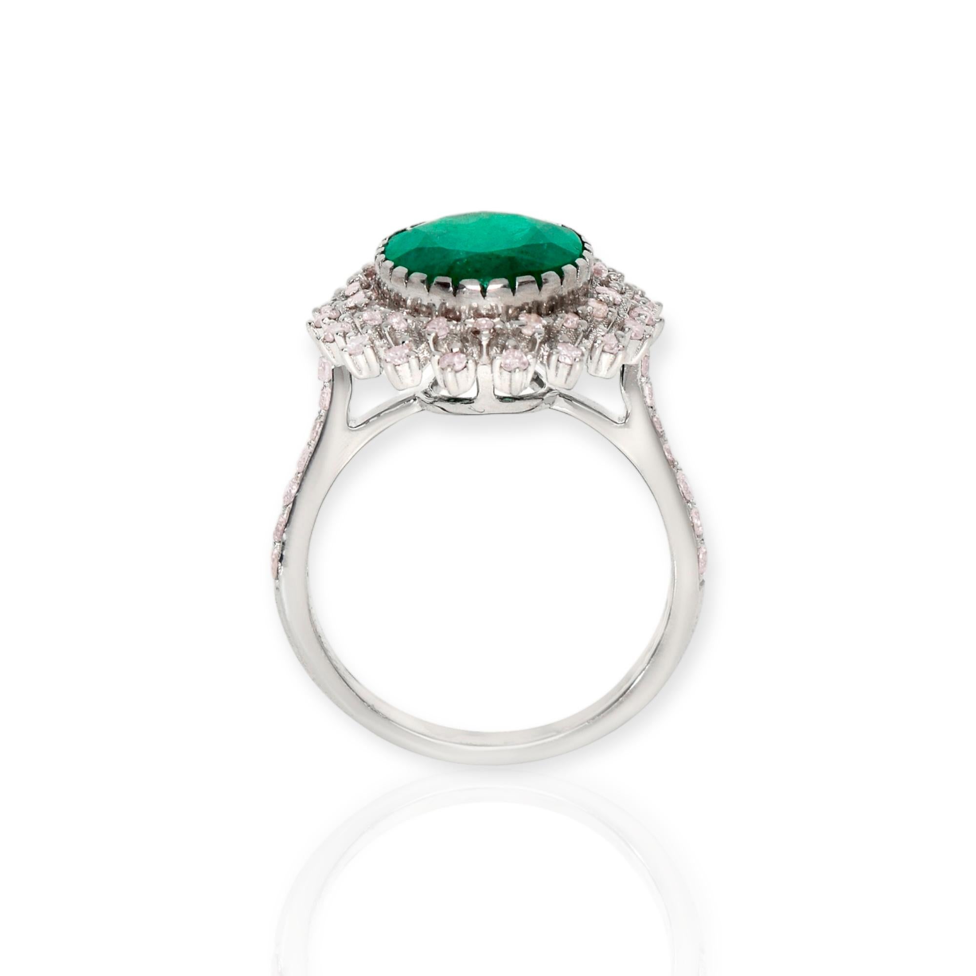Oval Cut IGI 14k 3.33 Ct Emerald&Pink Diamonds Antique Art Deco Style Engagement Ring For Sale