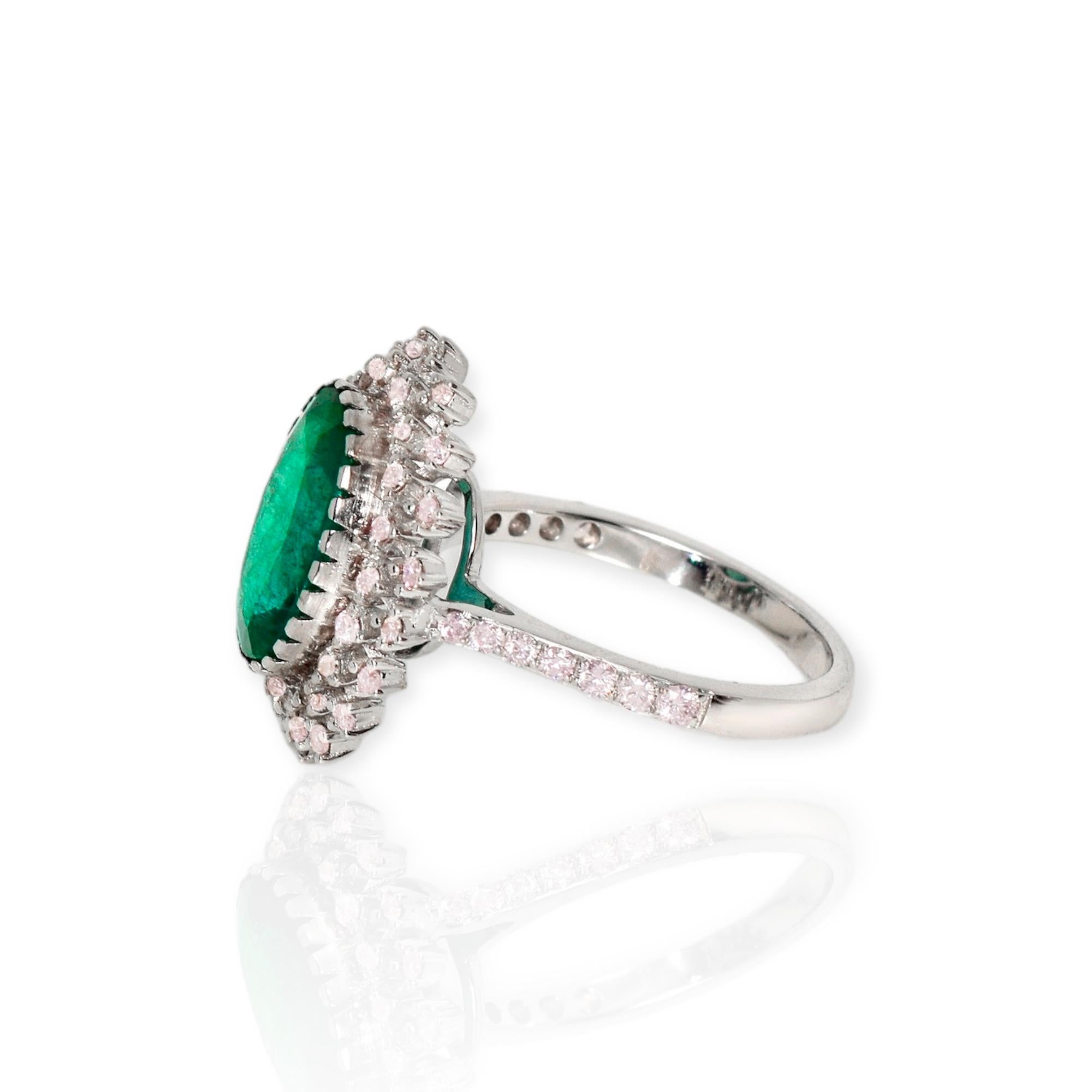Women's IGI 14k 3.33 Ct Emerald&Pink Diamonds Antique Art Deco Style Engagement Ring For Sale