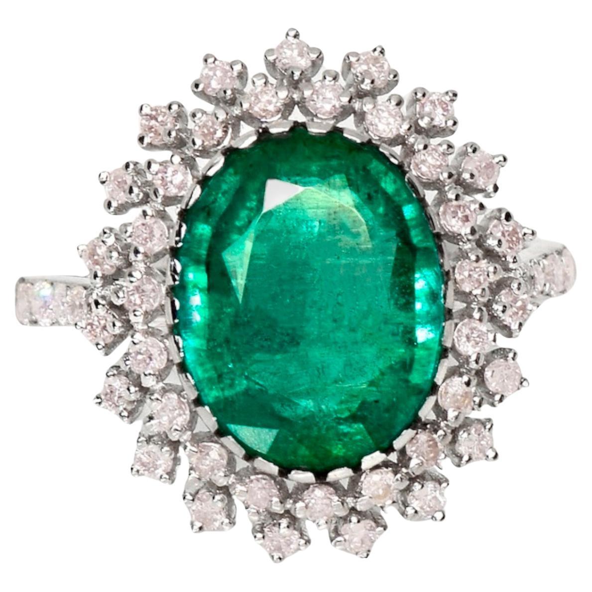 IGI 14k 3.33 Ct Emerald&Pink Diamonds Antique Art Deco Style Engagement Ring For Sale