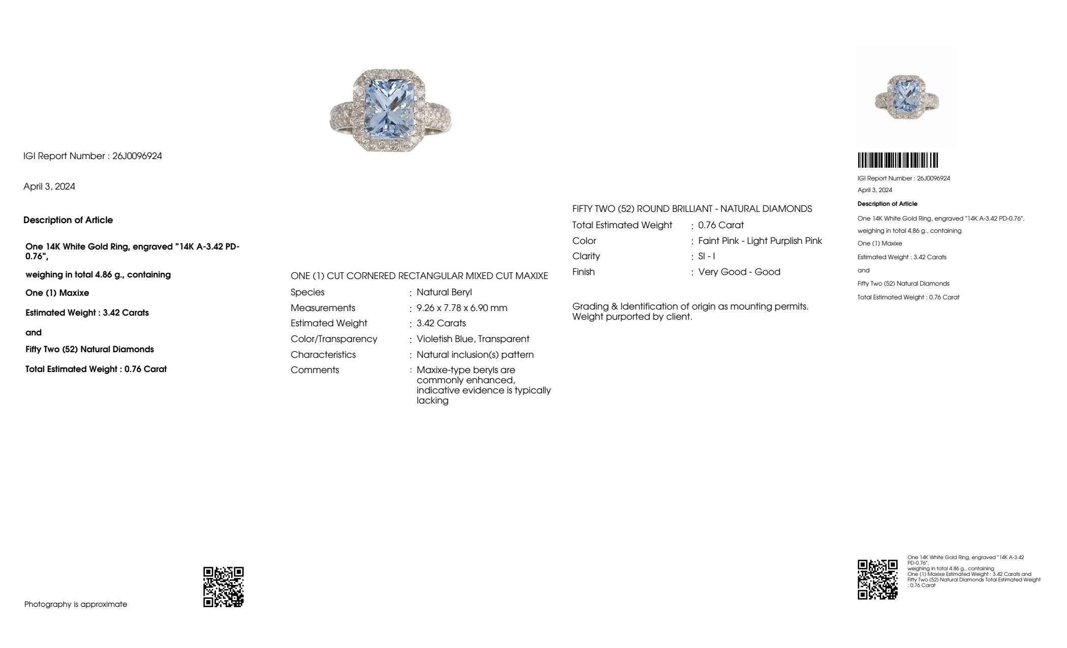 IGI 14K 3.42 Ct Blue Beryl&Pink Diamonds Antique Art Deco Style Engagement Ring For Sale 4