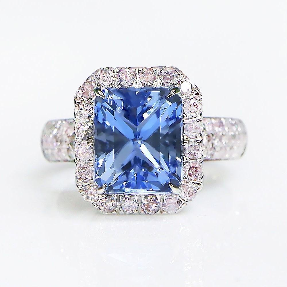 Contemporary IGI 14K 3.42 Ct Blue Beryl&Pink Diamonds Antique Art Deco Style Engagement Ring For Sale