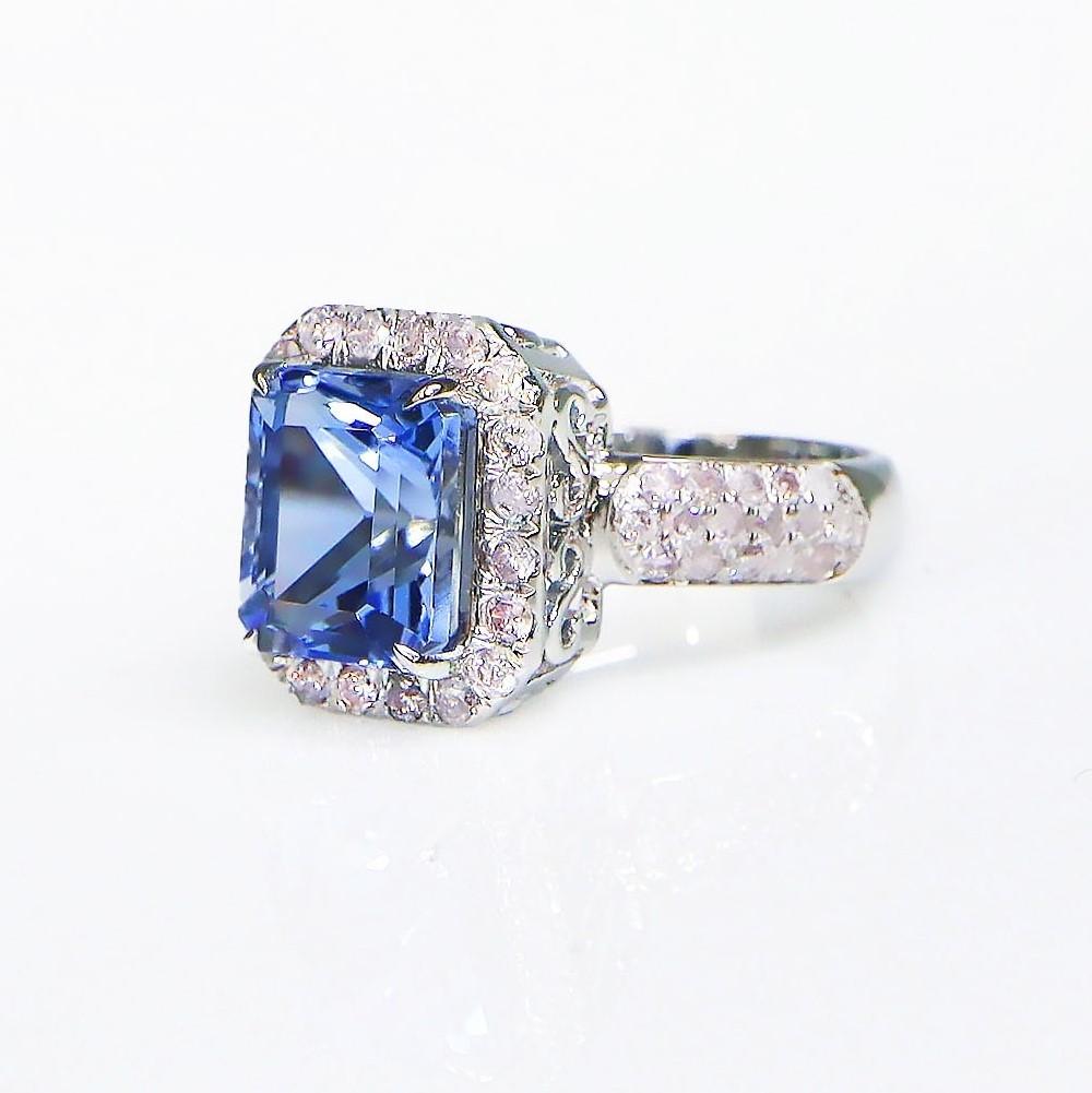 Emerald Cut IGI 14K 3.42 Ct Blue Beryl&Pink Diamonds Antique Art Deco Style Engagement Ring For Sale