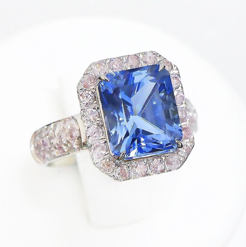 Women's IGI 14K 3.42 Ct Blue Beryl&Pink Diamonds Antique Art Deco Style Engagement Ring For Sale