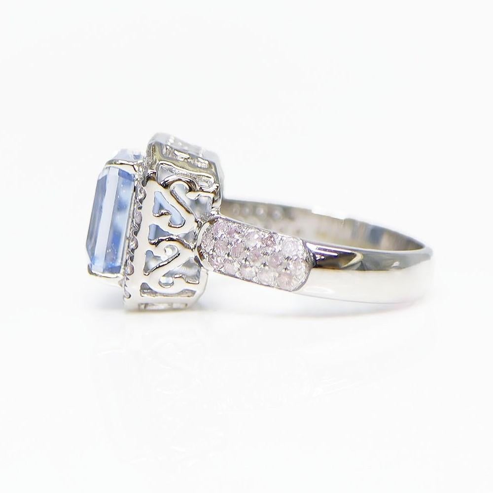 IGI 14K 3.42 Ct Blue Beryl&Pink Diamonds Antique Art Deco Style Engagement Ring For Sale 1