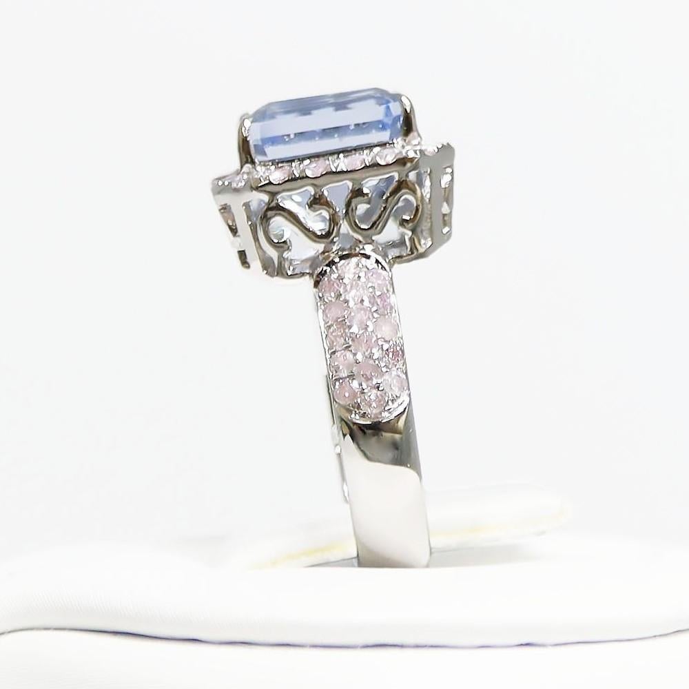 IGI 14K 3.42 Ct Blue Beryl&Pink Diamonds Antique Art Deco Style Engagement Ring For Sale 2