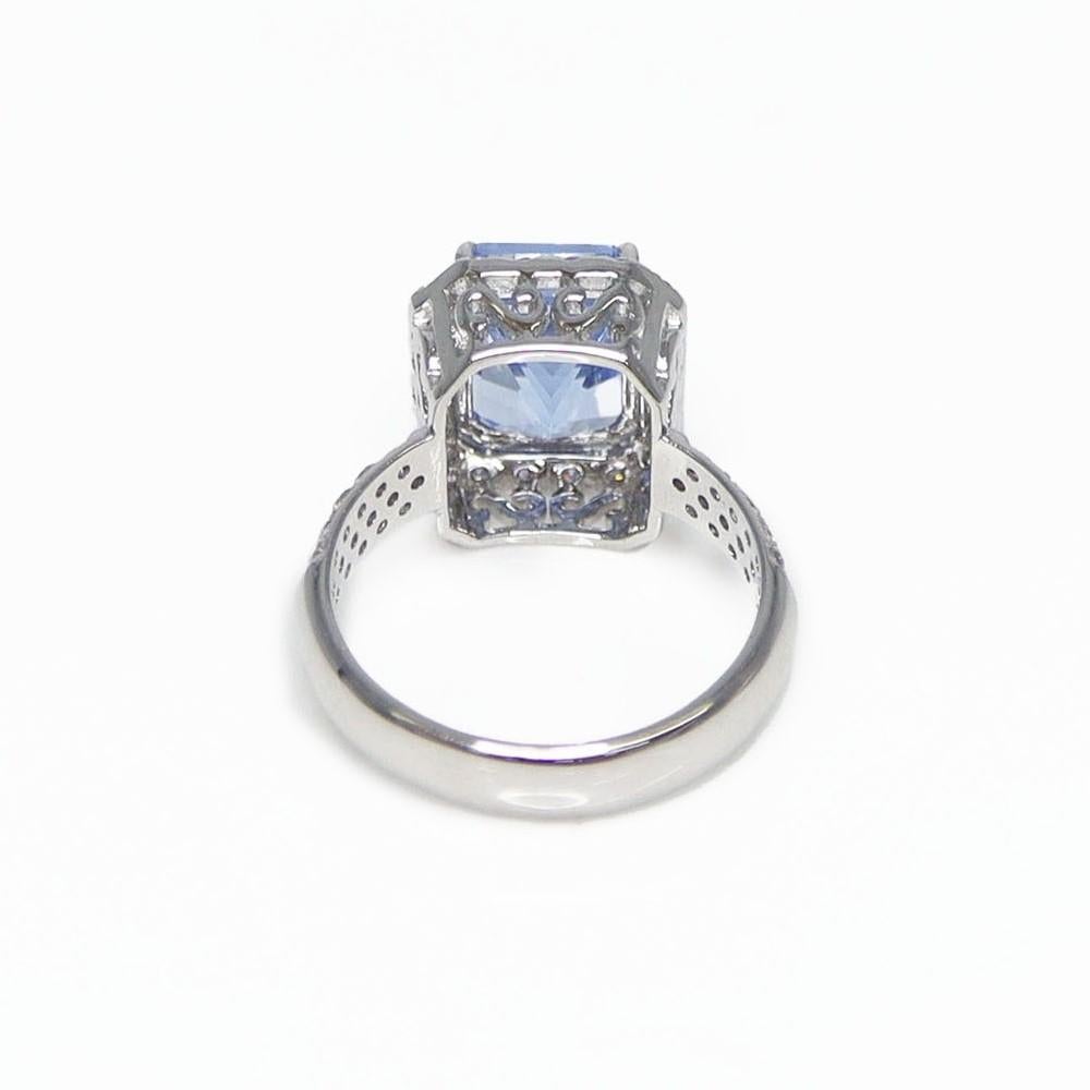 IGI 14K 3.42 Ct Blue Beryl&Pink Diamonds Antique Art Deco Style Engagement Ring For Sale 3