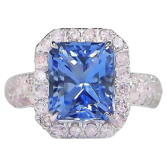 IGI 14K 3.42 Ct Blue Beryl&Pink Diamonds Antique Art Deco Style Engagement Ring