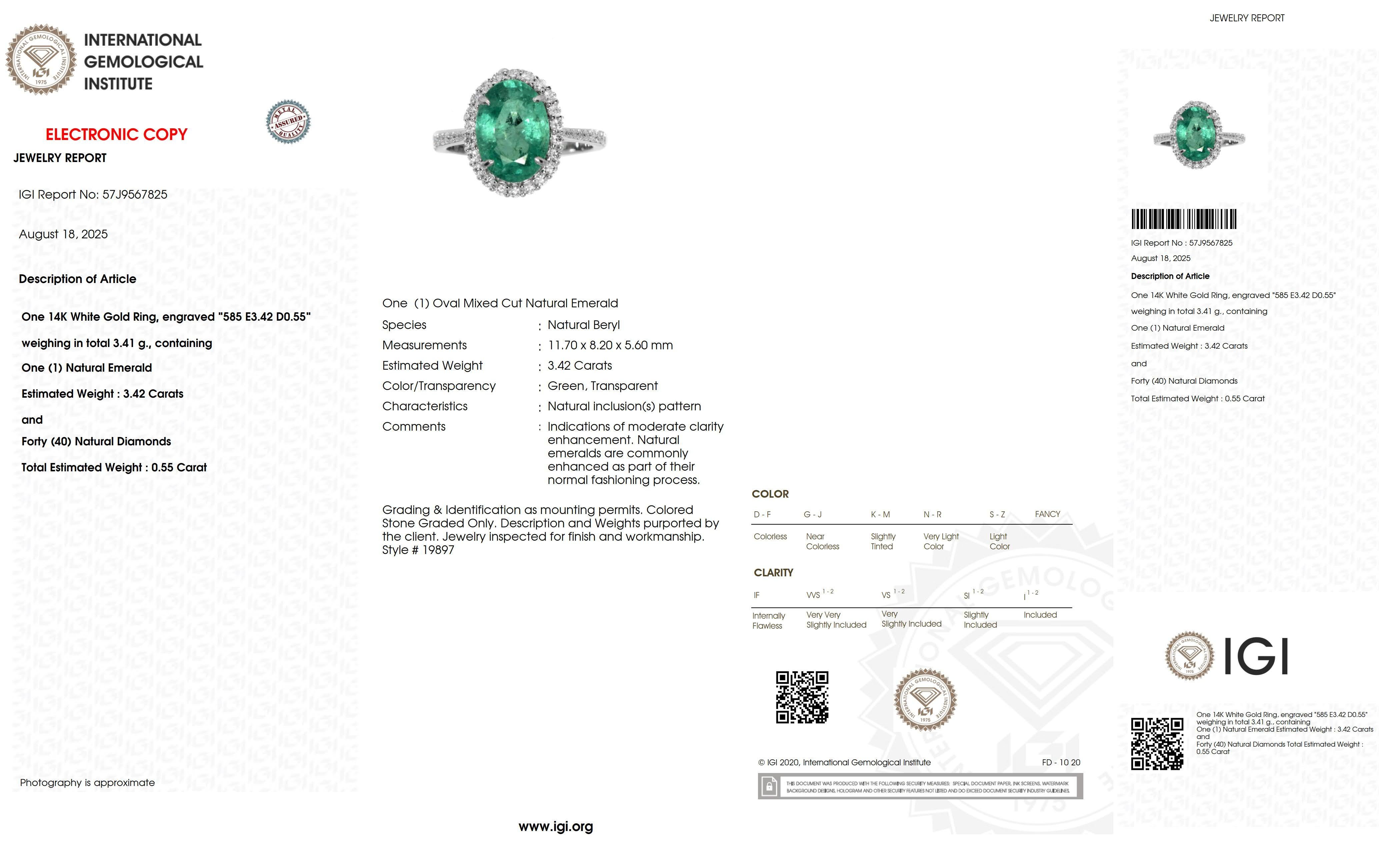 Anello di fidanzamento antico IGI 14K 3,42 ct Colombia Color Emerald&Diamonds in vendita 2