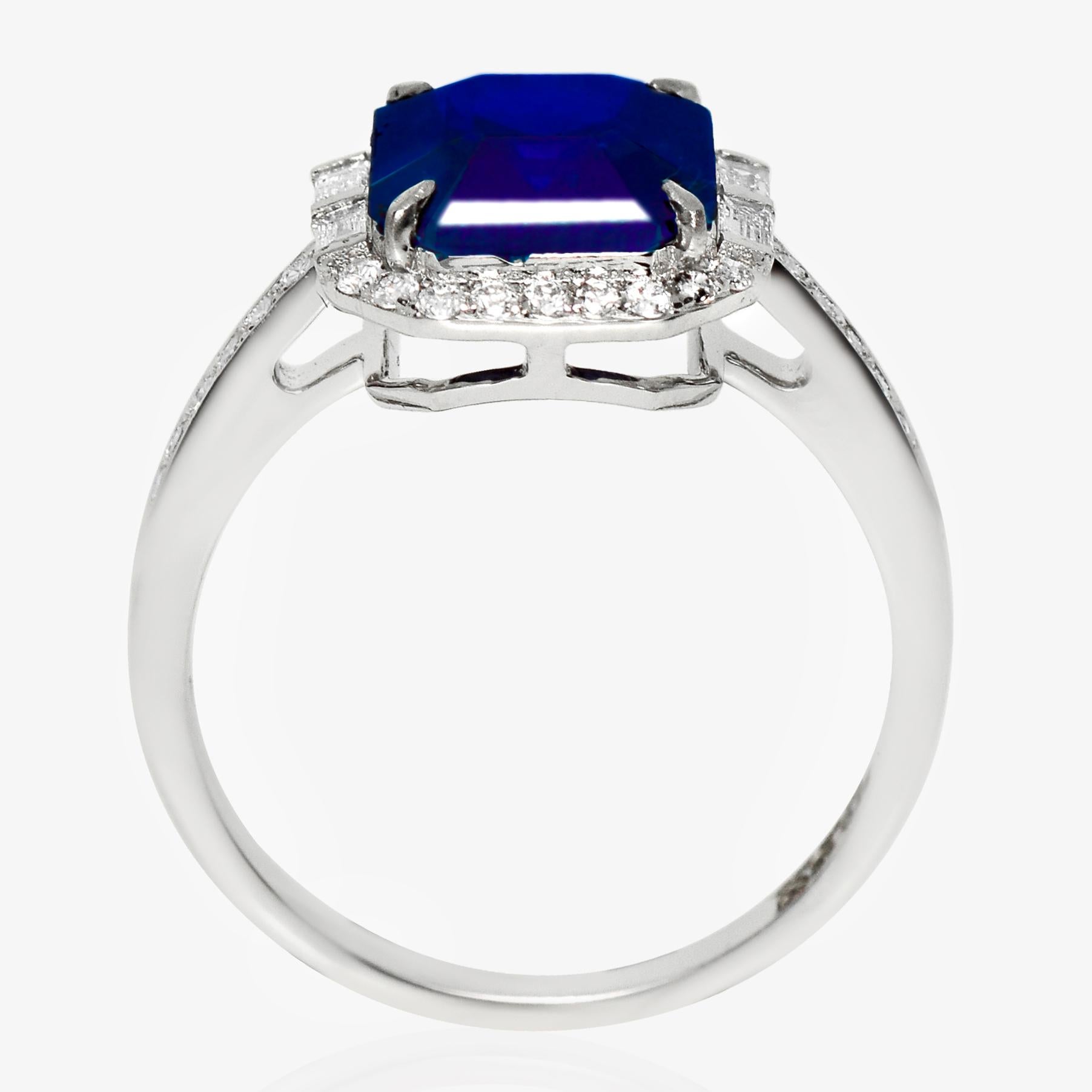 IGI Anillo de compromiso de zafiro azul intenso y diamantes naturales de Sri Lanka de 14 quilates y 3,46 quilates en venta 1