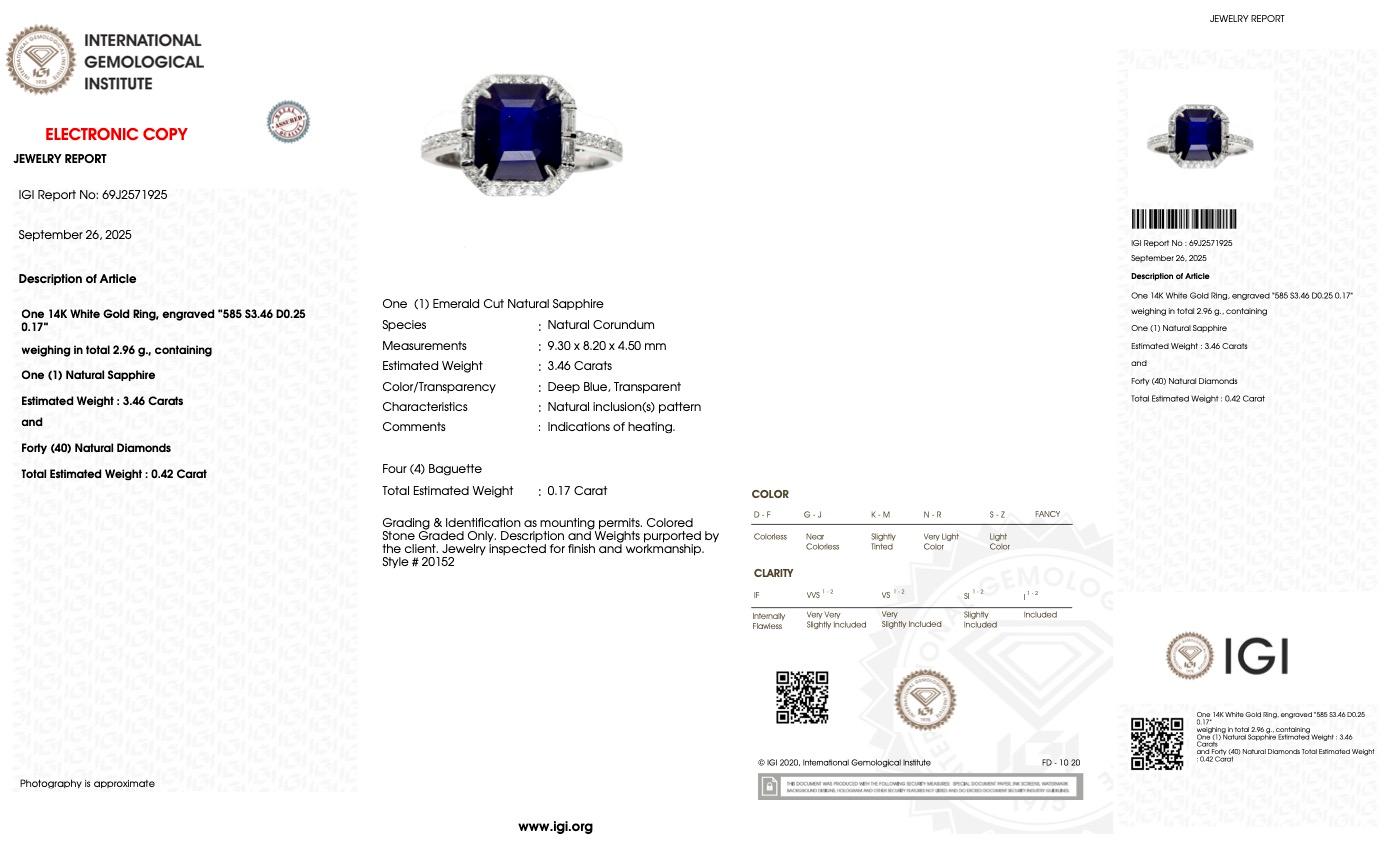 IGI Anillo de compromiso de zafiro azul intenso y diamantes naturales de Sri Lanka de 14 quilates y 3,46 quilates en venta 2