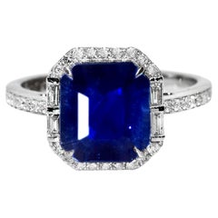 IGI 14K 3.46 Ct Natural Sri Lanka Vivid Blue Sapphire&Diamonds Engagement Ring