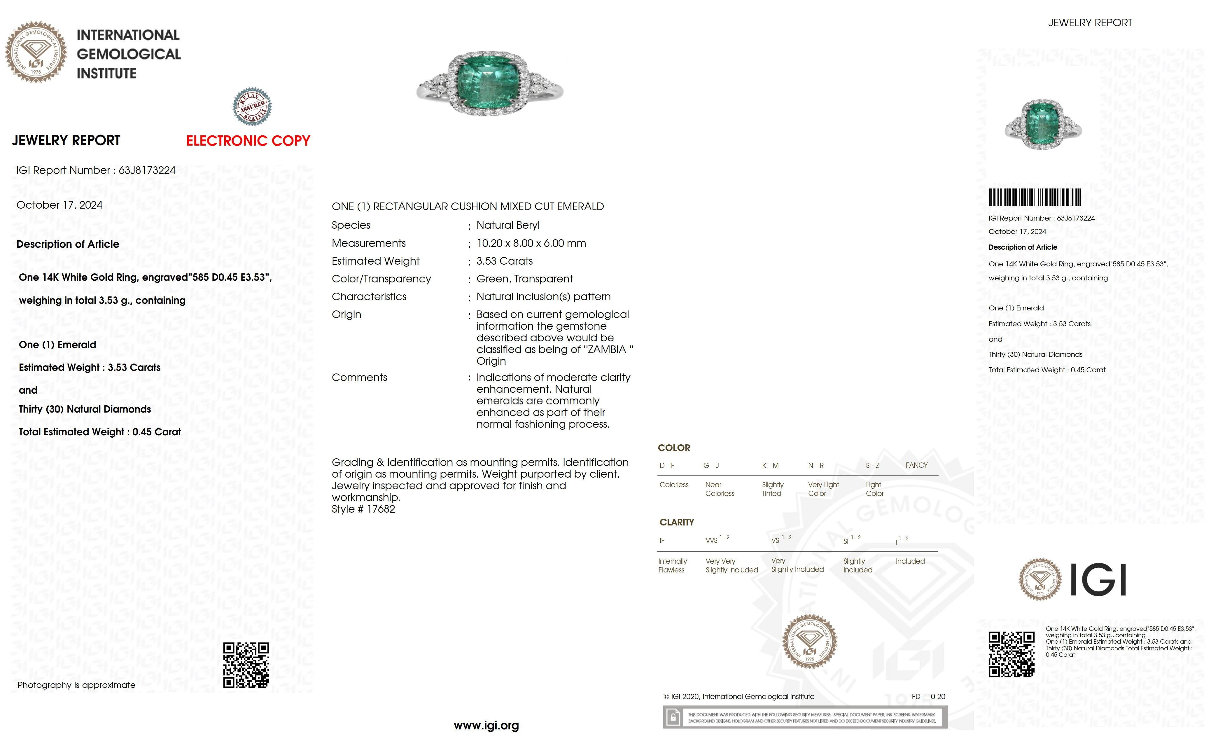 Contemporary IGI 14K 3.53 Ct Natural Emerald&Diamonds Antique Engagement Ring For Sale