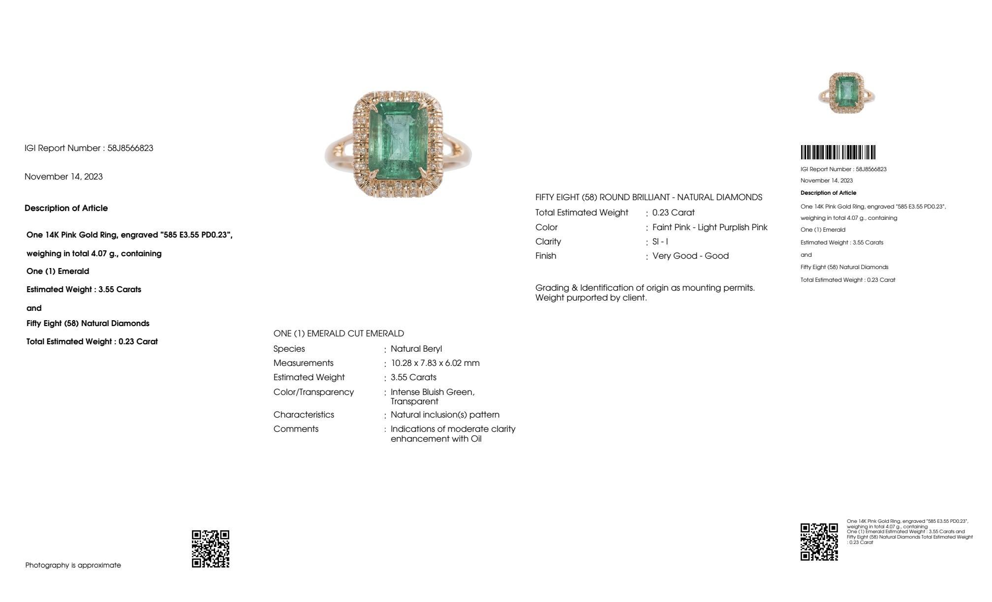 Emerald Cut IGI 14K 3.55 ct Natural Green Emerald&Pink Diamond Art Deco Engagement Ring