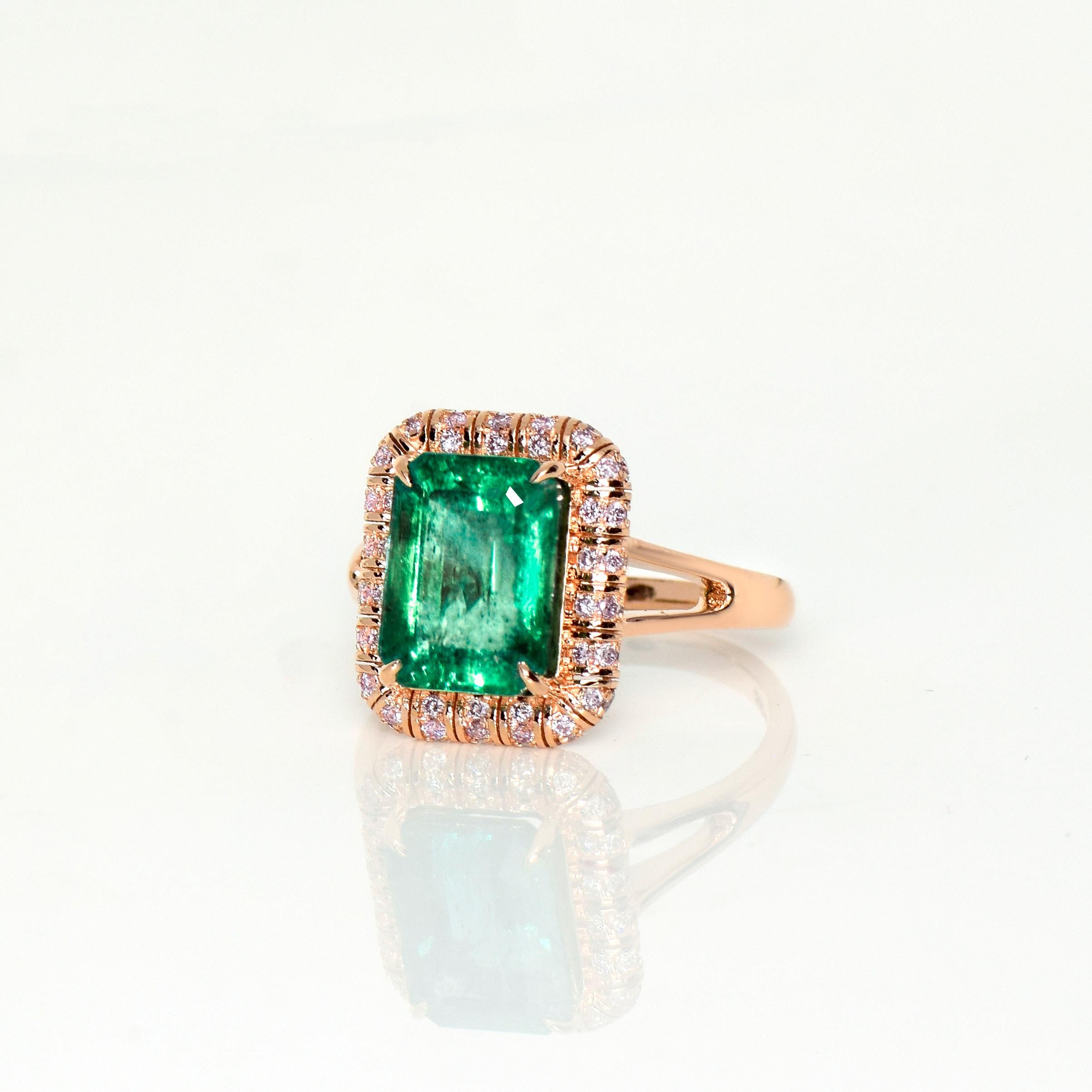IGI 14K 3.55 ct Natural Green Emerald&Pink Diamond Art Deco Engagement Ring In New Condition In Kaohsiung City, TW