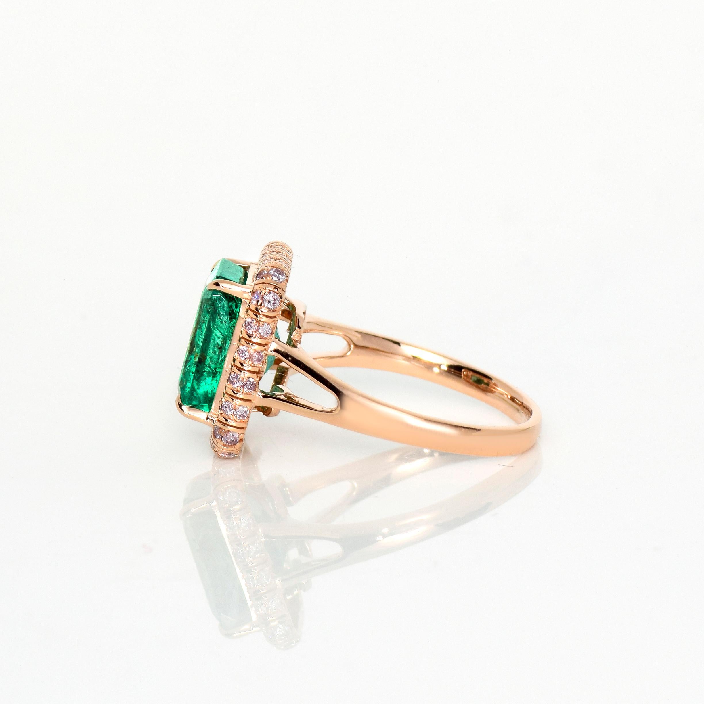 IGI 14K 3.55 ct Natural Green Emerald&Pink Diamond Art Deco Engagement Ring 2