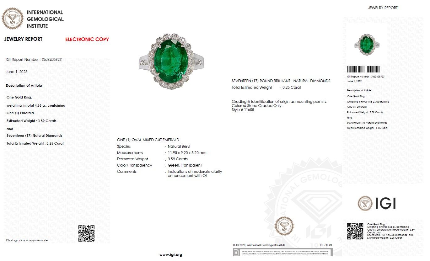 Contemporary IGI 14K 3.59 Ct Natural Emerald&Diamonds Antique Engagement Ring For Sale