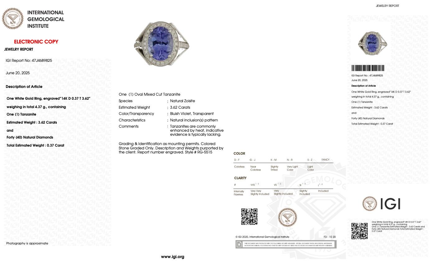 IGI 14K 3.62 Ct Natural Vivid Violet Tanzanite&Diamonds Anillo de compromiso antiguo en venta 2