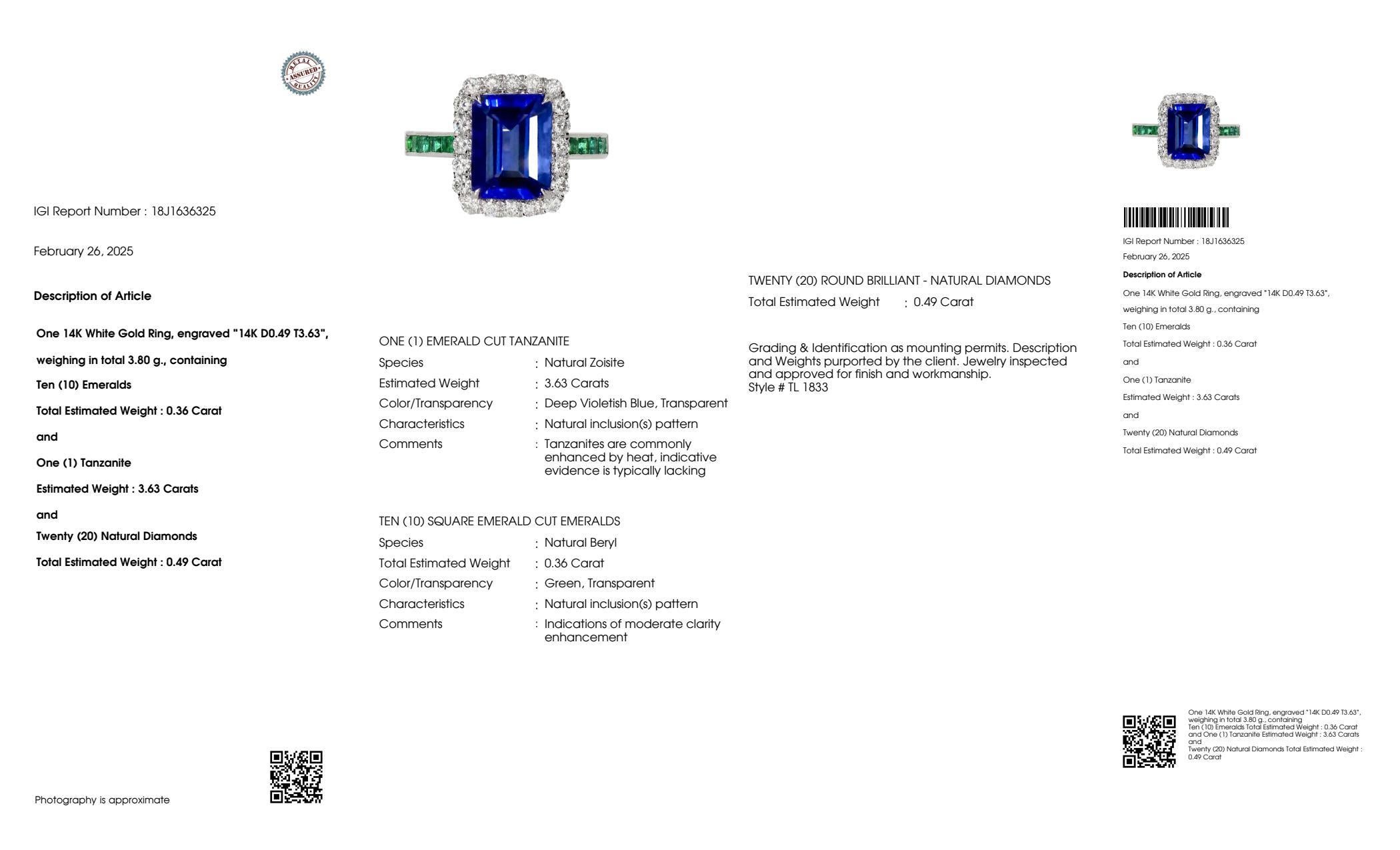 Contemporary IGI 14K 3.63 Ct Natural Tanzanite&Diamonds&Emeralds Antique Engagement Ring For Sale