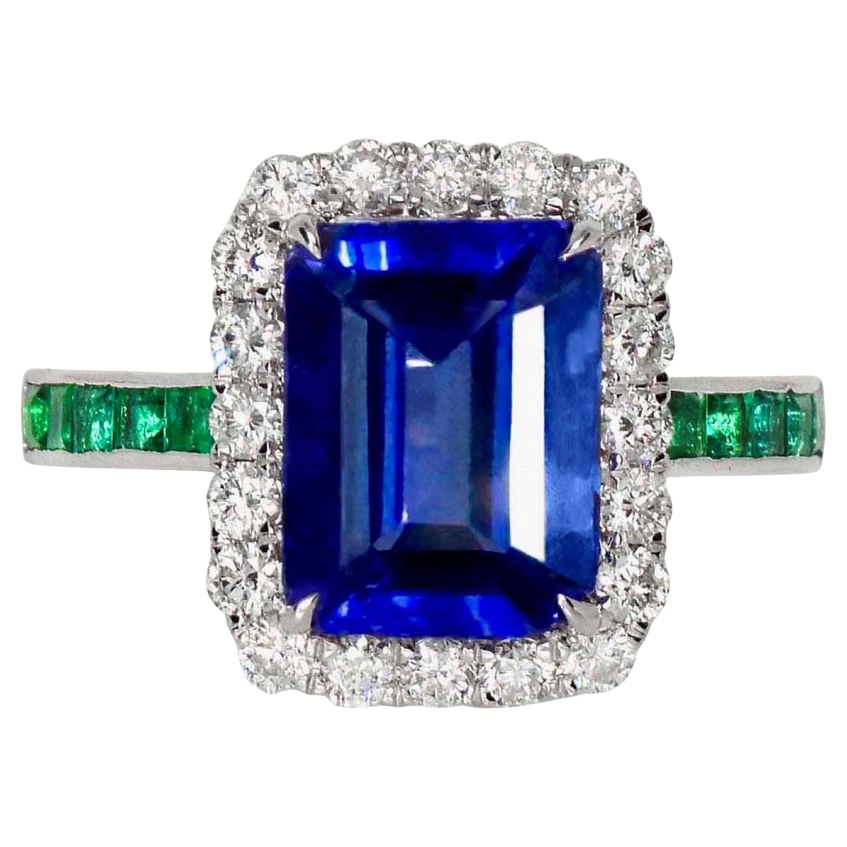 Antiker Verlobungsring, IGI 14K 3,63 Karat natürlicher Tansanit&Diamanten&Emeralds