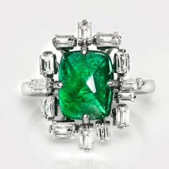 IGI 14K 3.67 Ct Natural Vivid Green Emerald&Diamonds Art Deco Engagement Ring