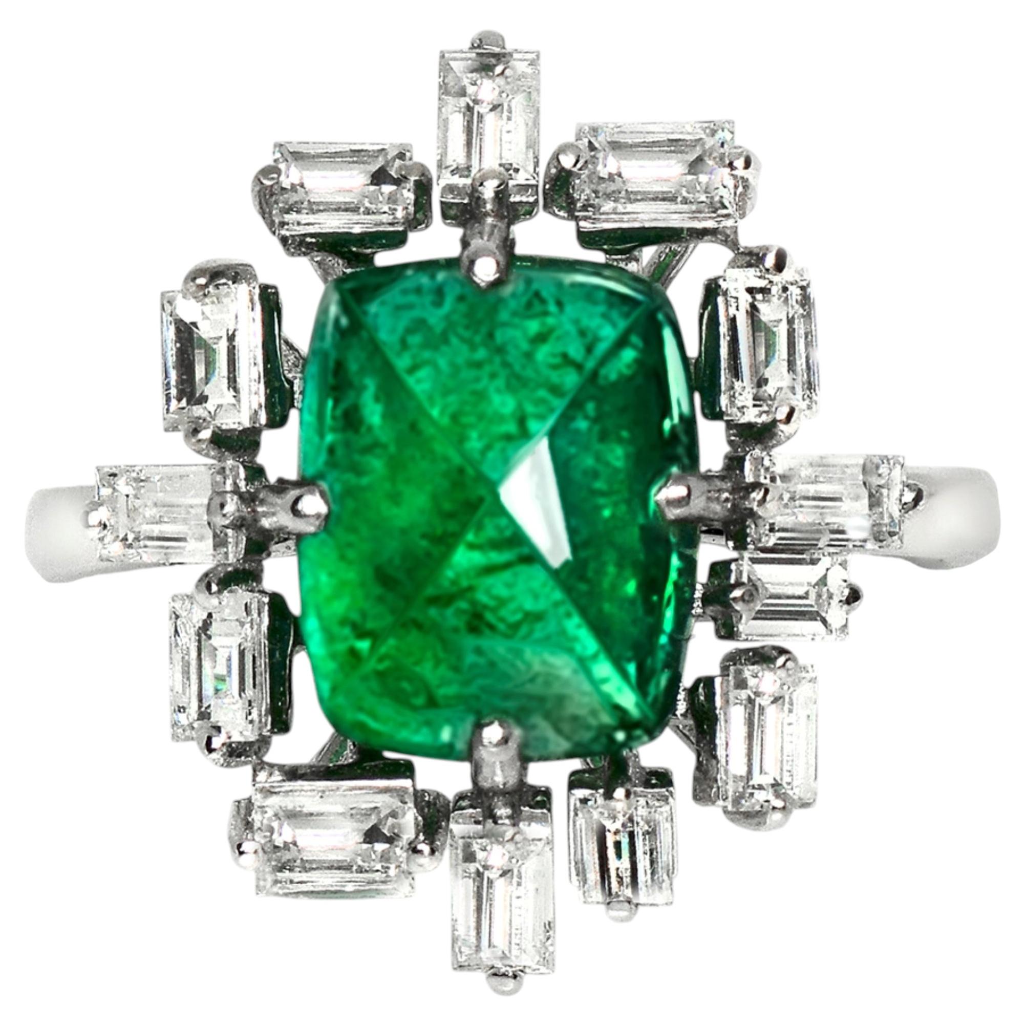 IGI 14K 3.67 Ct Natural Vivid Green Emerald&Diamonds Art Deco Engagement Ring