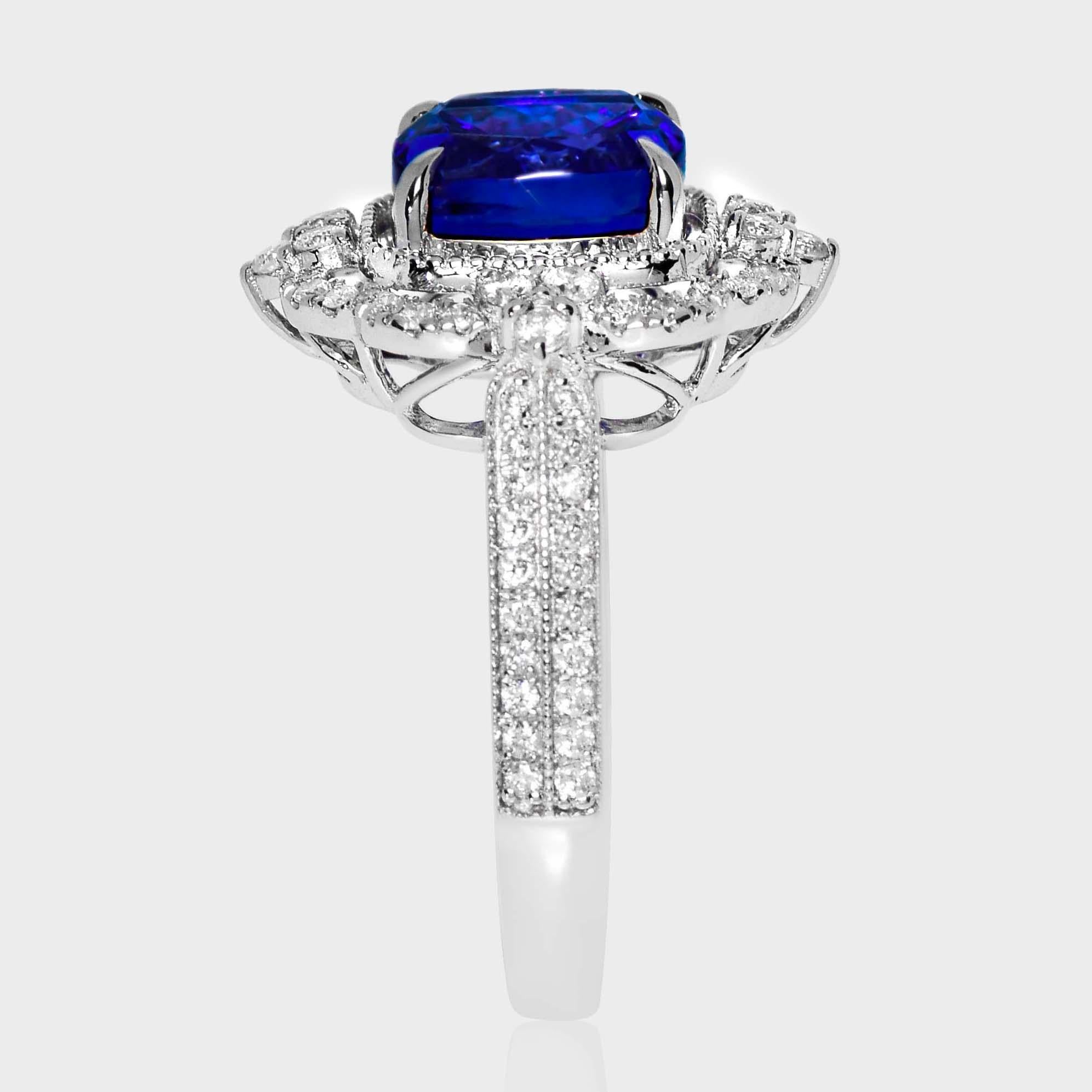 IGI 14K 3.70 Ct Natural Vivid Diamonds Tanzanite&Diamonds Antique Engagement Ring Pour femmes en vente