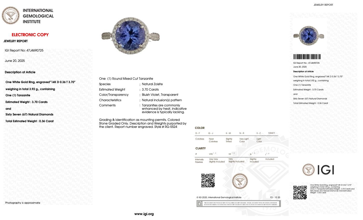 Anello di fidanzamento antico IGI 14K 3.70 Ct Natural Vivid Violet Tanzanite&Diamonds in vendita 2
