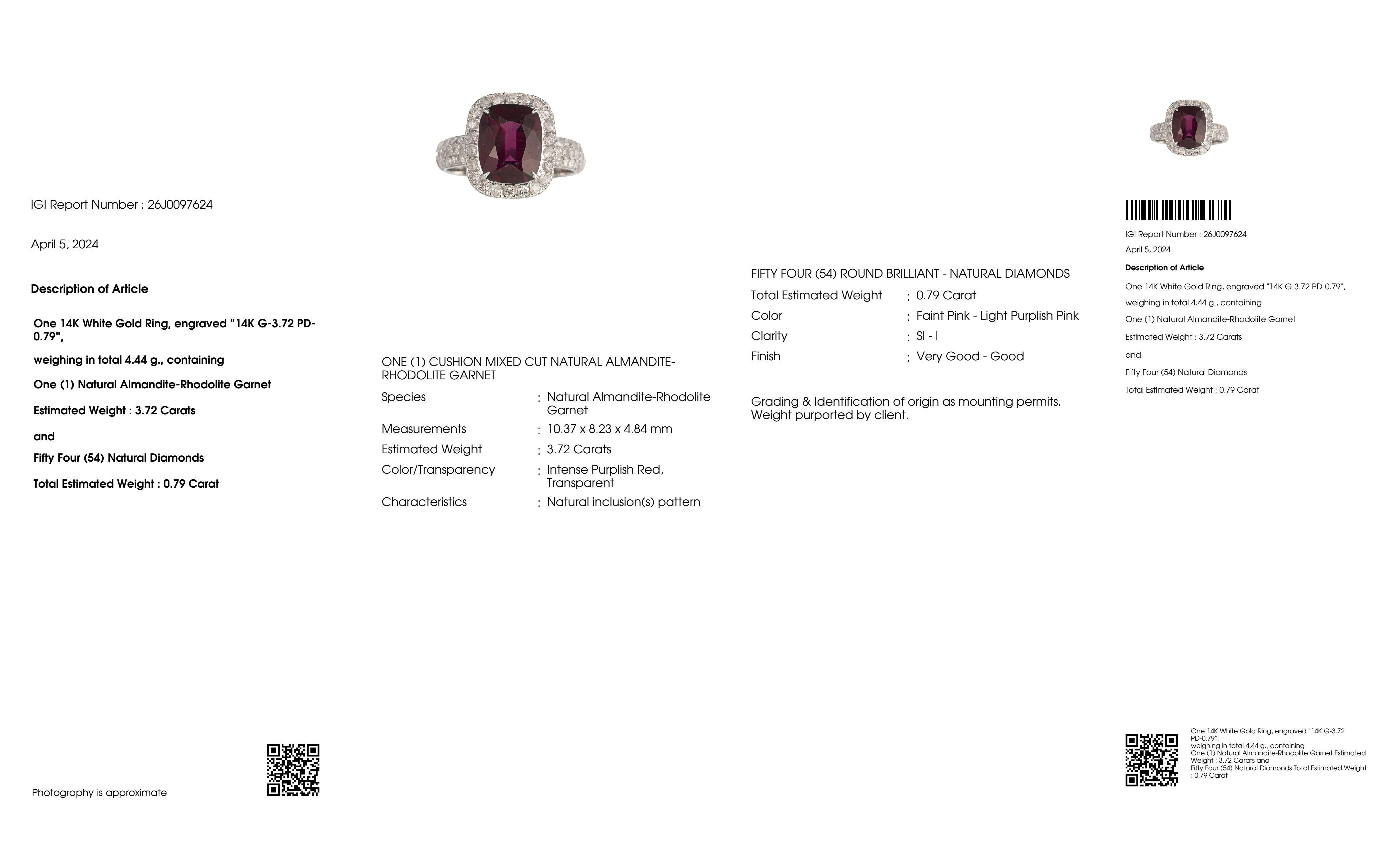 IGI 14K 3.72 Ct Red Garnet&Pink Diamonds Antique Art Deco Style Engagement Ring For Sale 4