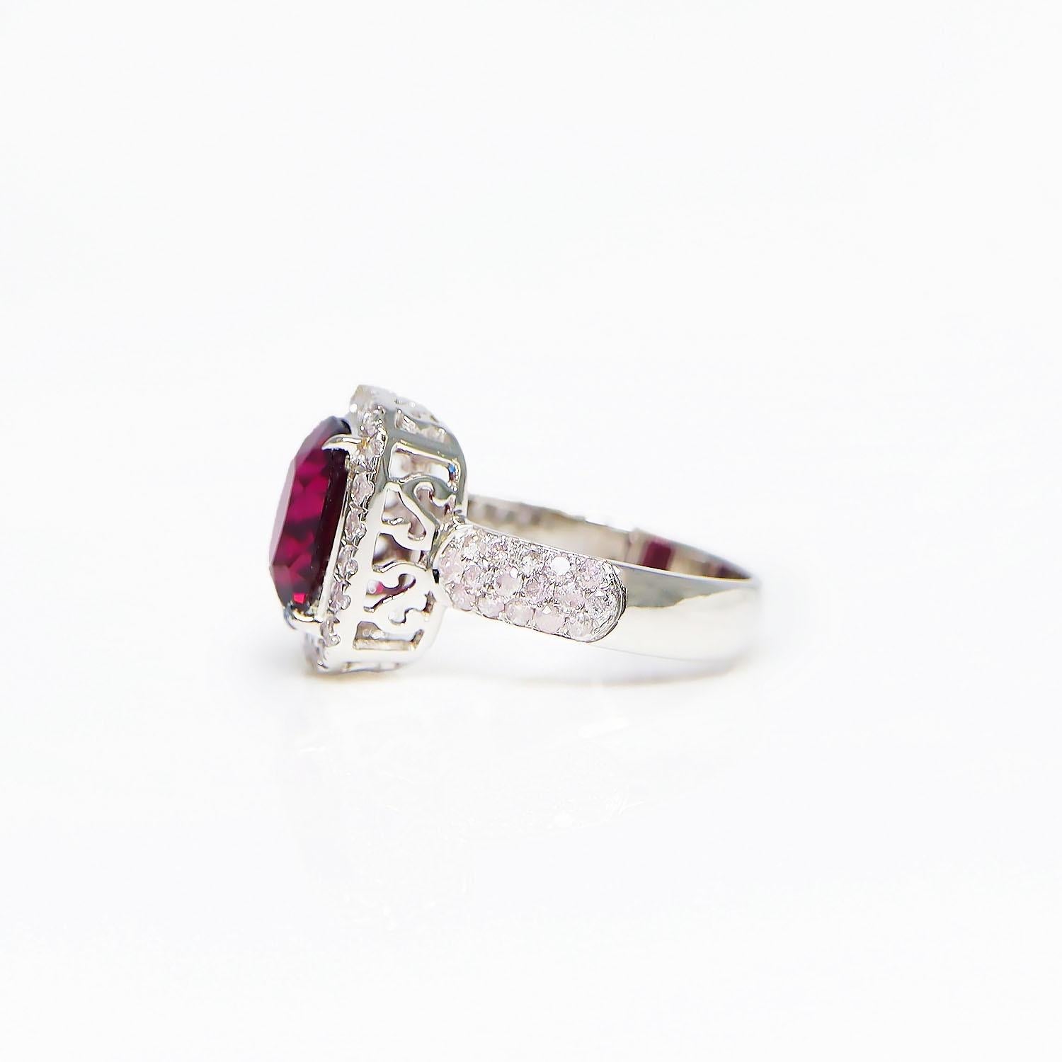 IGI 14K 3.72 Ct Red Garnet&Pink Diamonds Antique Art Deco Style Engagement Ring For Sale 1
