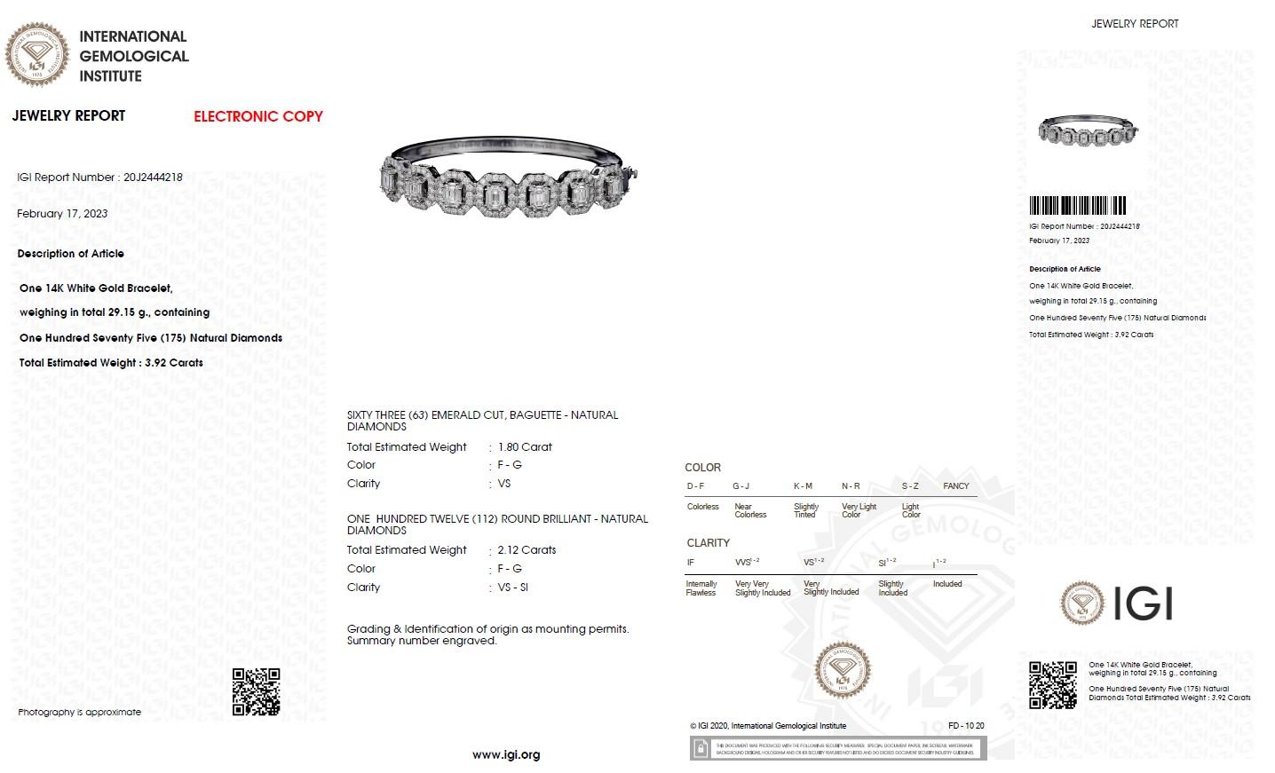 IGI 14K 3.92 Ct F, VS White Gold Natural Diamond Bangle Bracelet For Sale 2