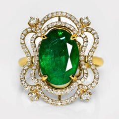 IGI 14K 3.93 Ct Natural Vivid Green Emerald&Diamonds Art Deco Engagement Ring
