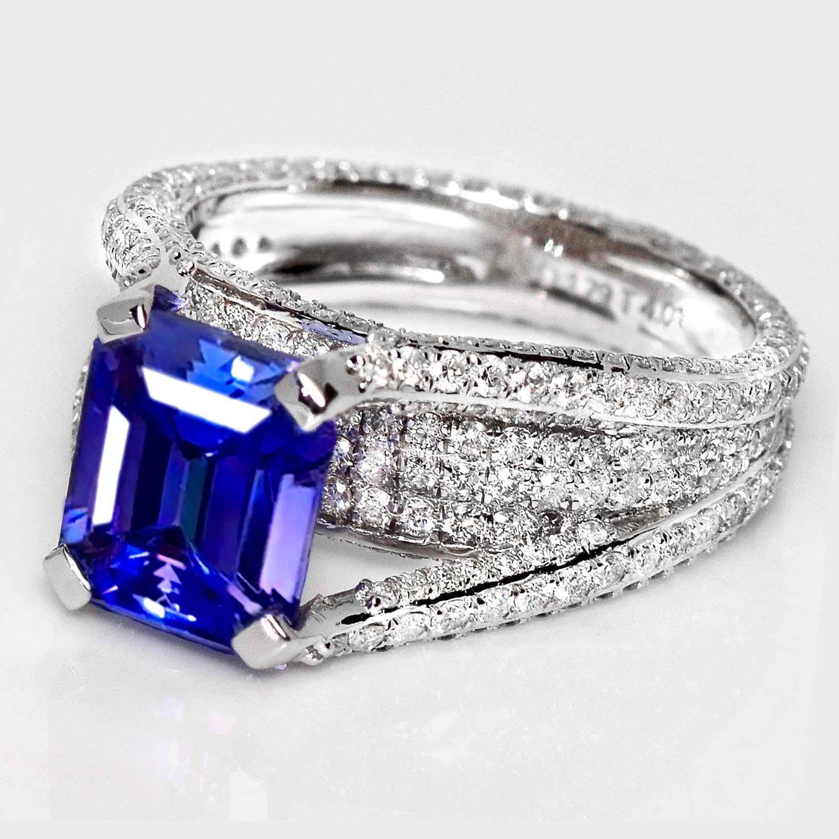 Contemporain IGI 14K 4.01 Ct Natural Vivid Diamonds Tanzanite&Diamonds Antique Engagement Ring en vente