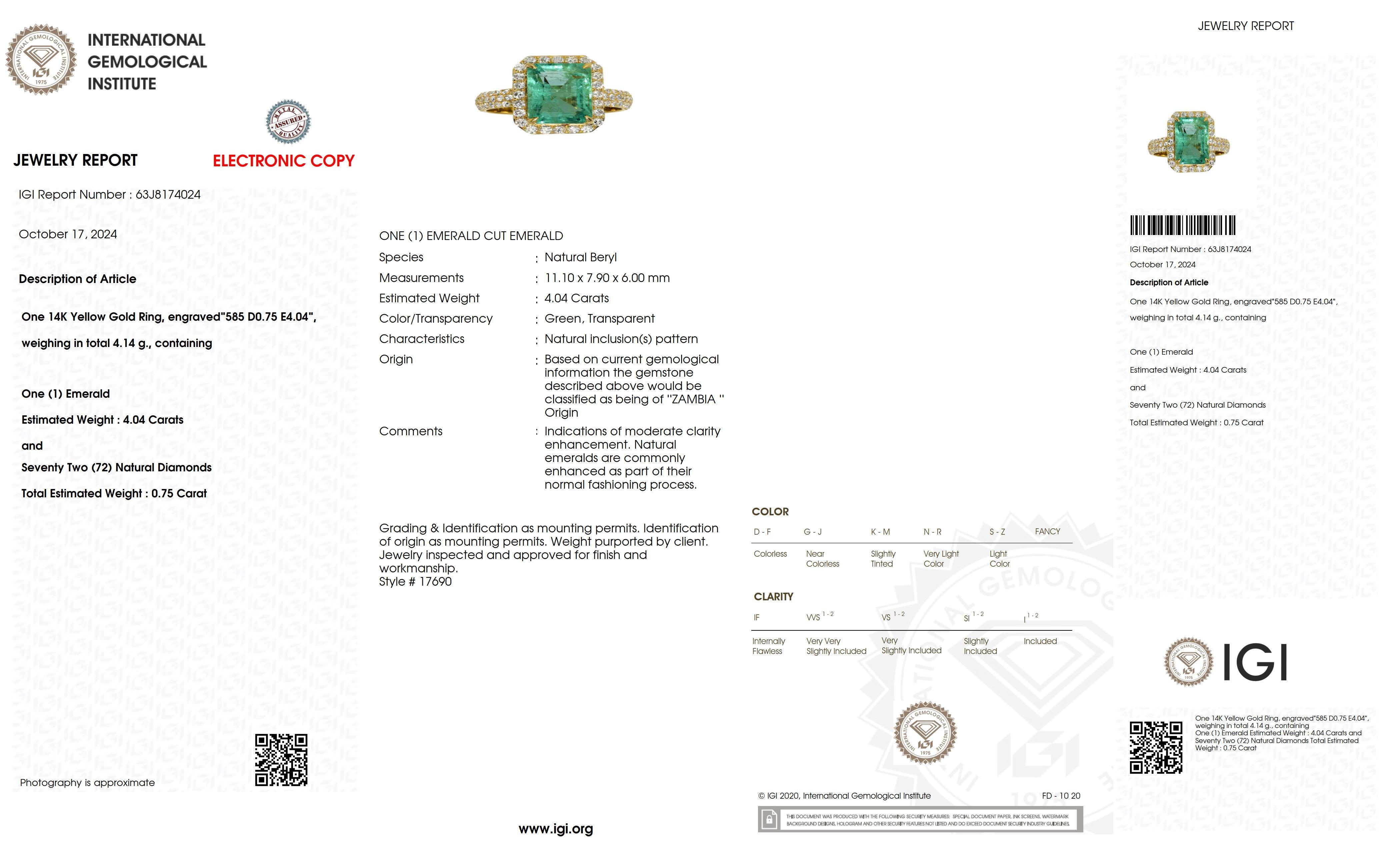 Contemporary IGI 14K 4.04 Ct Natural Emerald&Diamonds Antique Engagement Ring For Sale