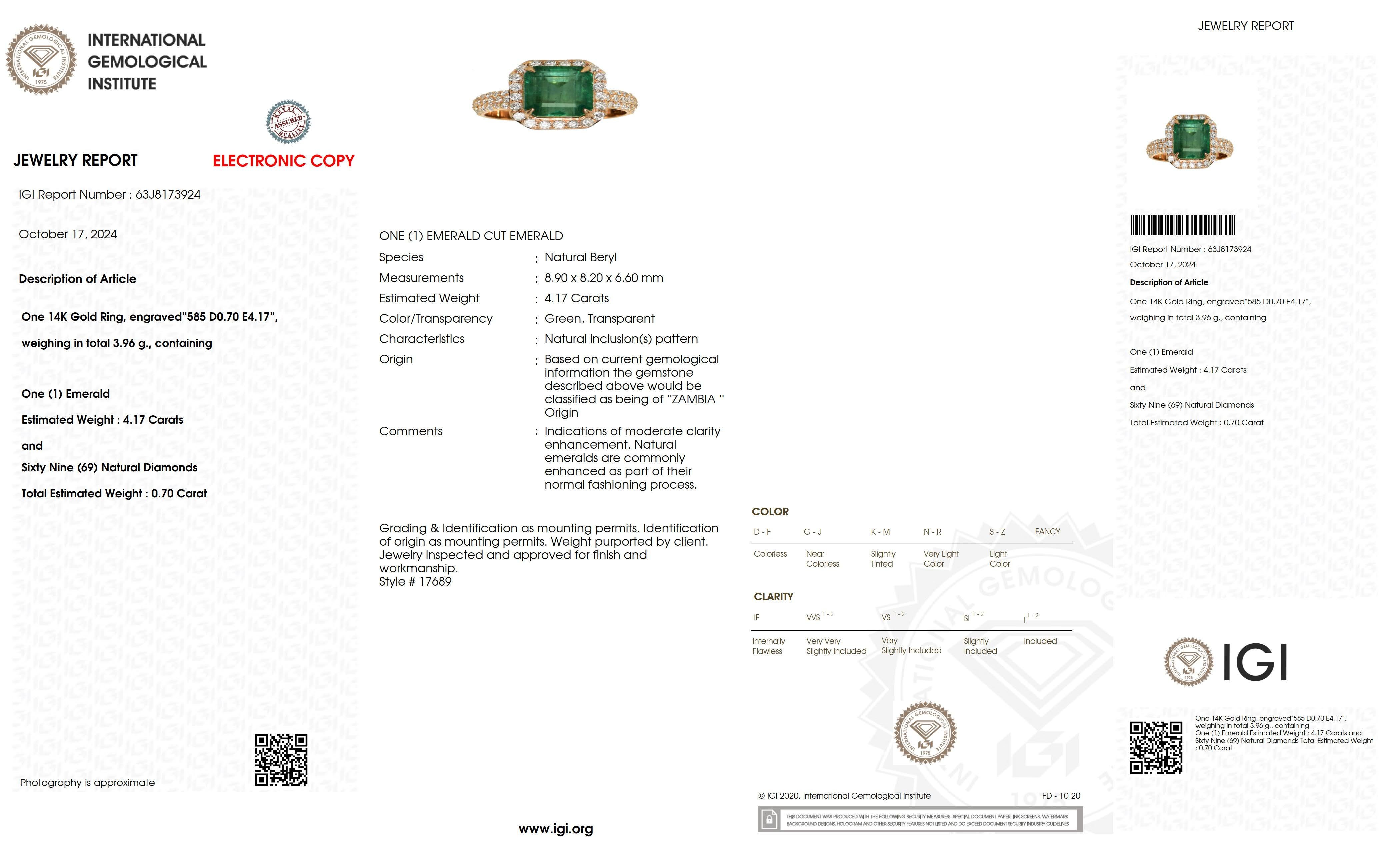 Contemporary IGI 14K 4.17 Ct Natural Emerald&Diamonds Antique Engagement Ring For Sale