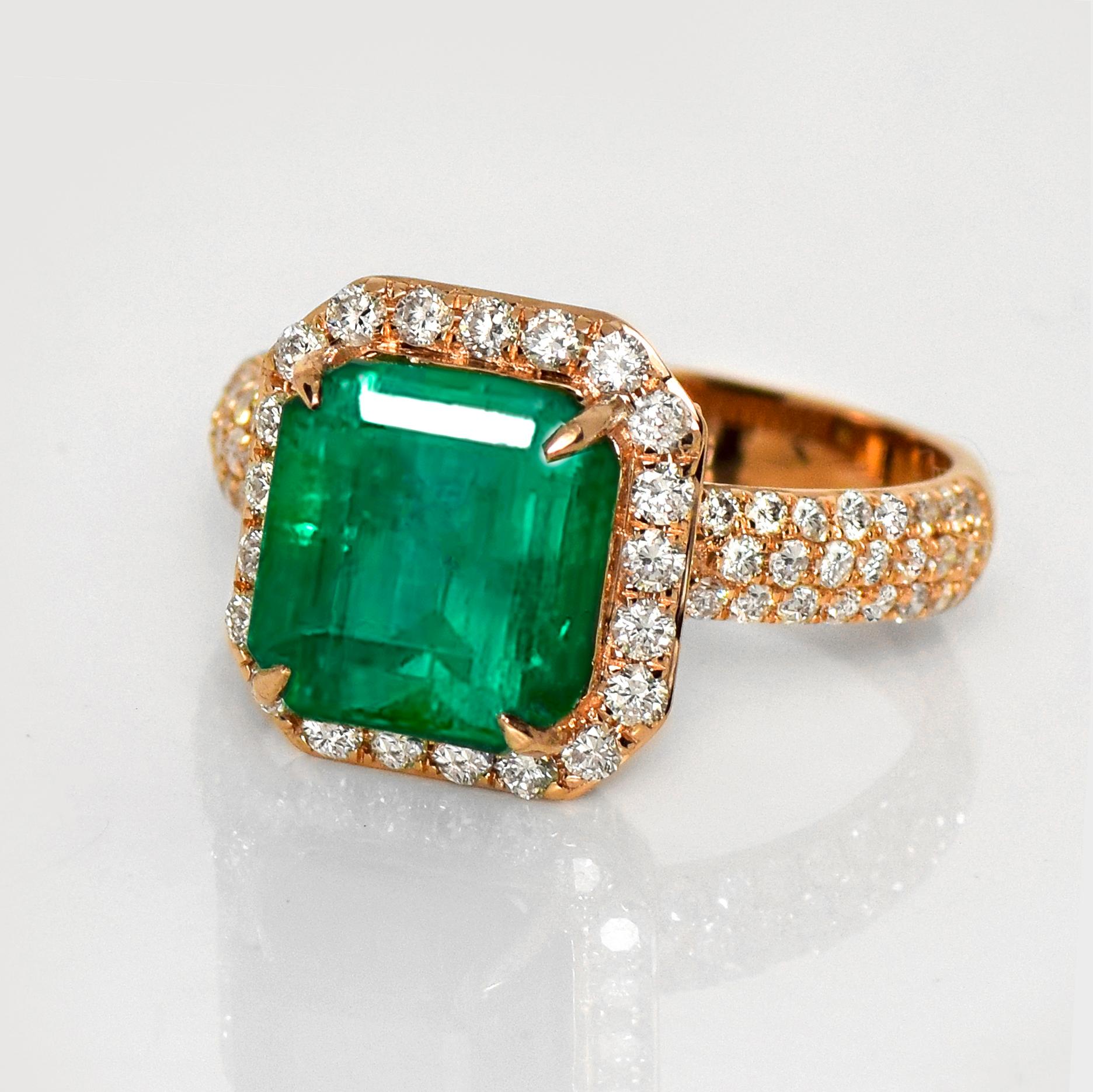 Emerald Cut IGI 14K 4.17 Ct Natural Emerald&Diamonds Antique Engagement Ring For Sale