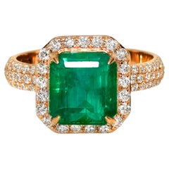 Bague de fiançailles d'antiquités IGI 14 carats, émeraude naturelle 4,17 carats et diamants