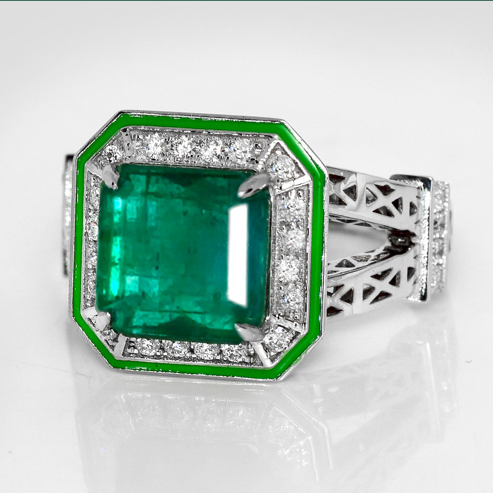 Contemporaneo Anello di fidanzamento antico IGI 14K 4,18 ct Zambia Emerald&Diamonds in vendita