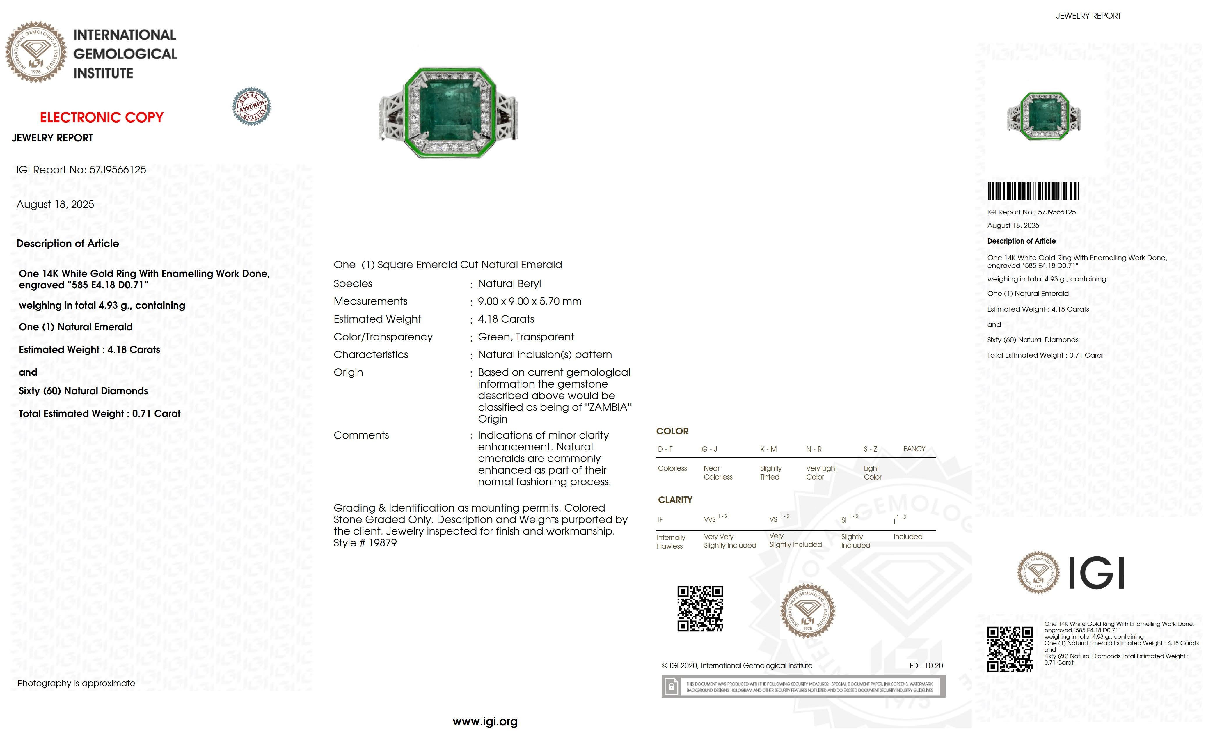 Anello di fidanzamento antico IGI 14K 4,18 ct Zambia Emerald&Diamonds in vendita 2