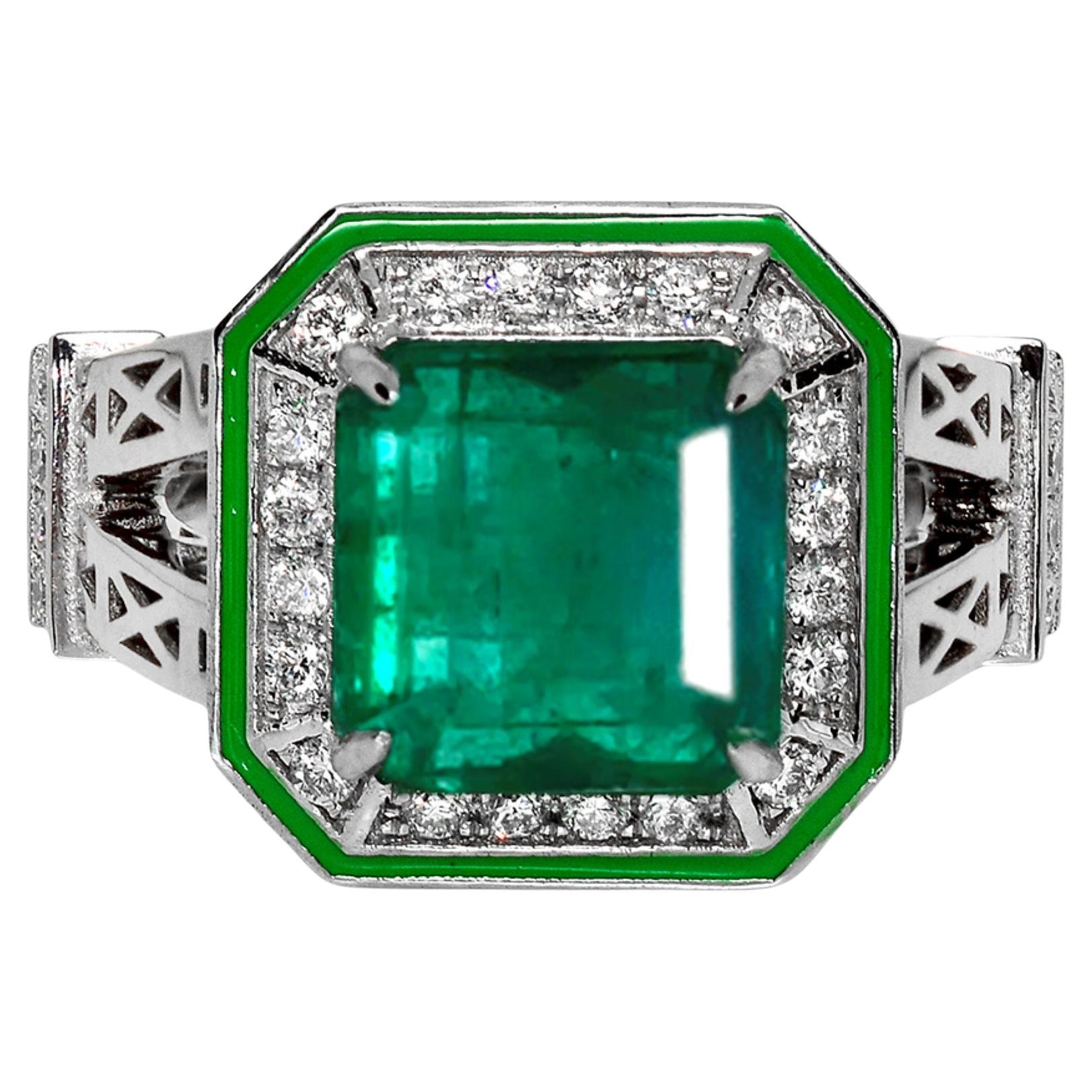 Anello di fidanzamento antico IGI 14K 4,18 ct Zambia Emerald&Diamonds in vendita