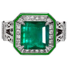 Anello di fidanzamento antico IGI 14K 4,18 ct Zambia Emerald&Diamonds