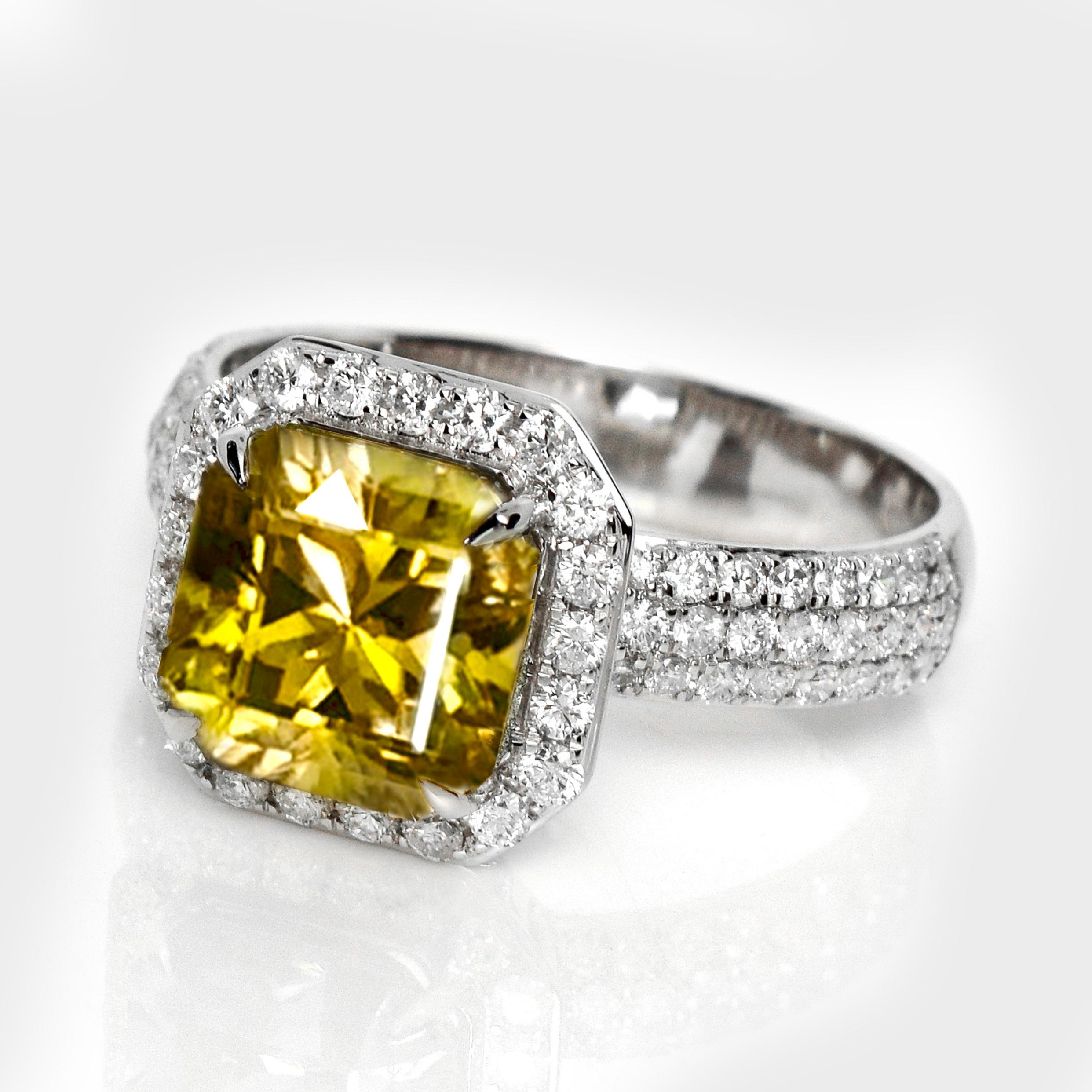 IGI 14K 4.27 Ct Circón Amarillo Vivo Natural Anillo de Compromiso Art Decó Antiguo Contemporáneo en venta