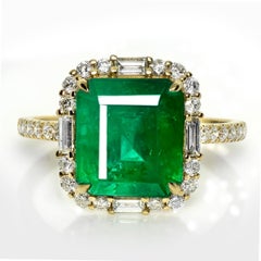 IGI 14K 4.47 Ct Natural Vivid Green Emerald&Diamonds Art Deco Engagement Ring