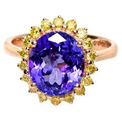 IGI 14K 4.49 Ct Tanzanite&Yellow Diamonds Antique Art Deco Style Engagement Ring