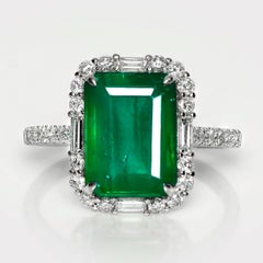 IGI 14K 4.56 Ct Natural Vivid Green Emerald&Diamonds Art Deco Engagement Ring