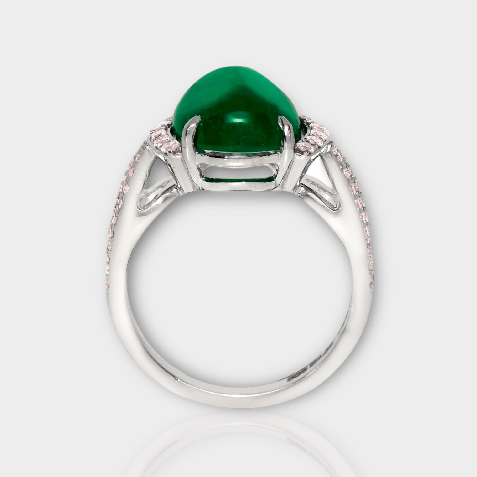 Cabochon IGI 14K 4.63 Ct Emerald&Pink Diamonds Antique Art Deco Style Engagement Ring For Sale